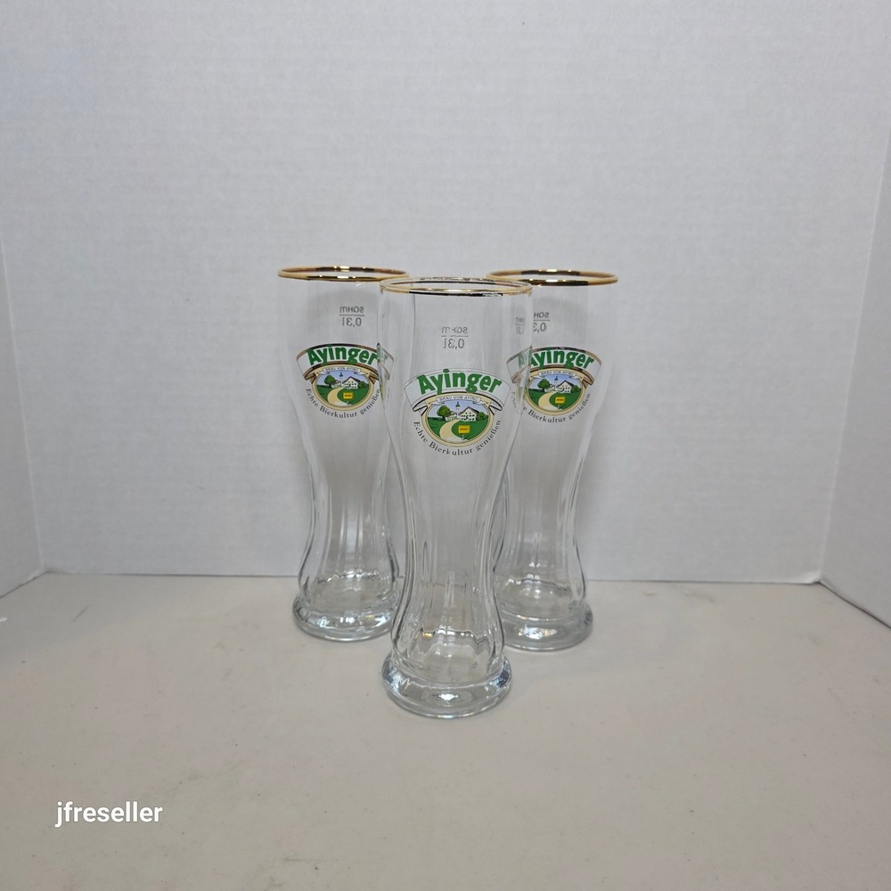 Ayinger Brau Von Aying Beer Glasses Set of 3 SAHM 0.3L Gold Rim German Barware